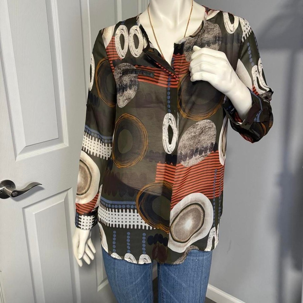 Ovi Women's Abstract Geometric Print Blouse with Circles, Stripes, and Textures